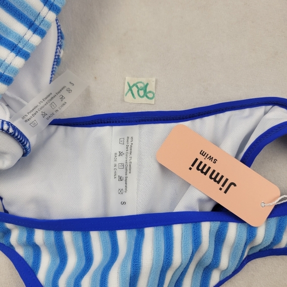NWT Jimmi Swim Blue Lagoon set striped Terry material cheeky bottoms Size small - Picture 7 of 7